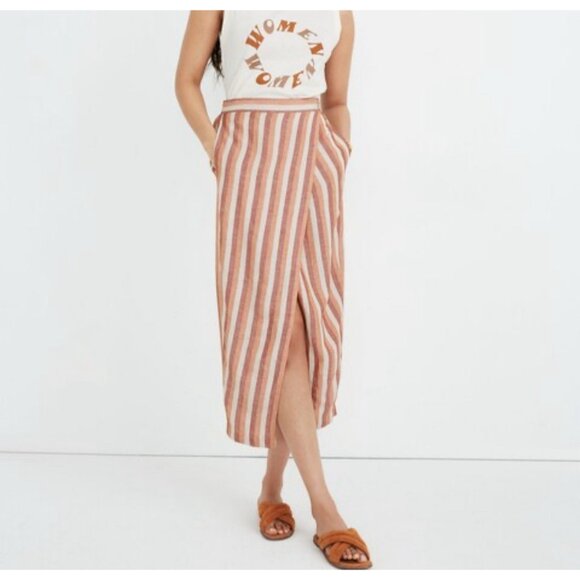 Madewell Pull-On Wrap Midi Skirt in Stripe Linen Blend L Large Beach Preppy - Picture 1 of 9